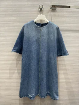 Streetwear Džínové Šaty pro Ženy Letní Nového Roku 2021 High-end Značky Gradient Modré Krátký Rukáv Jean Šaty O-neck Straight Jean Šaty