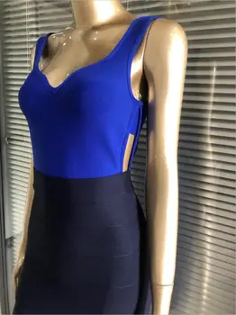 Velkoobchodní Letní Módní Sexy V Krku Pacthwork Modrá Černá Bodycon Ženy Obvaz Šaty 2020 Elegantní Večerní Party Šaty Vestido